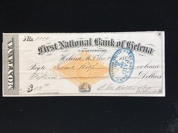 U.S: USED CK #RNG1 FIRST NATL BANK OF HELENA, HELENA MT 1880