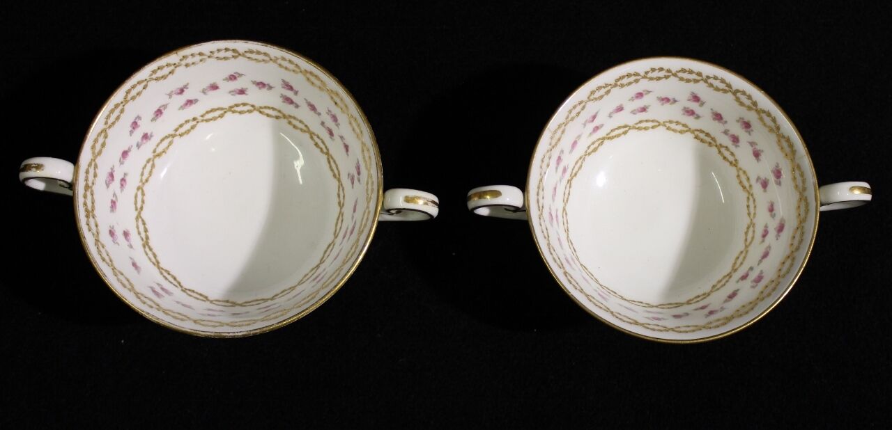 Pair of Antique Royal Doulton Cream Soup Cups with Gold Accents and Roses