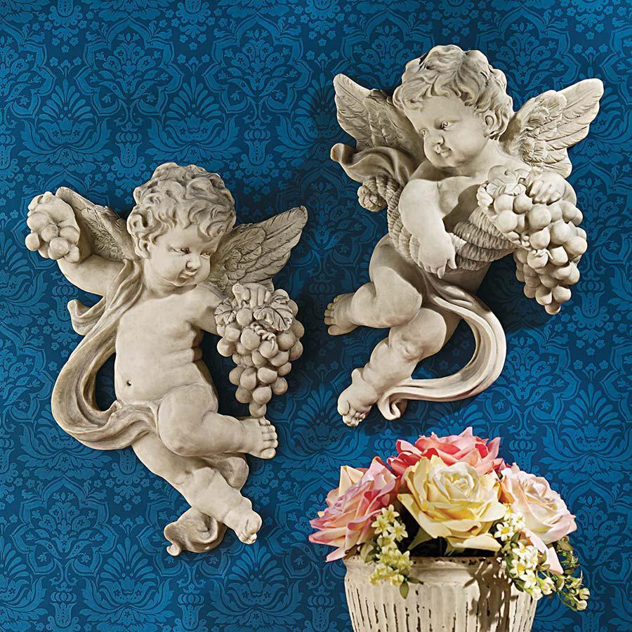 Set of 2: Italian Baroque Era Replica Chubby Cherubs Harvest Wall Sculptures