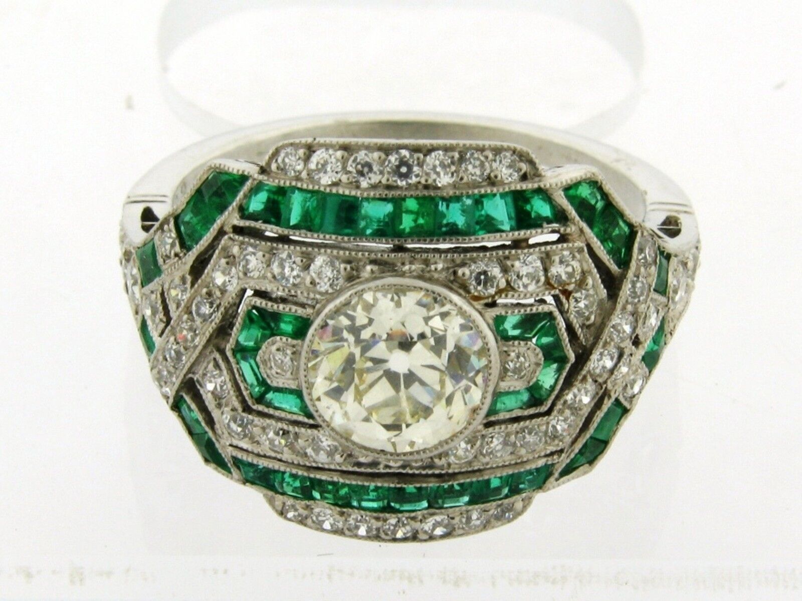 Stunning Art Deco Diamonds Emeralds 1.08 Center Platinum Ring