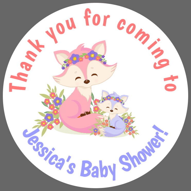 BABY SHOWER CUTE FOXES PERSONALISED GLOSS ,PARTY THANK YOU STICKERS LABELS 