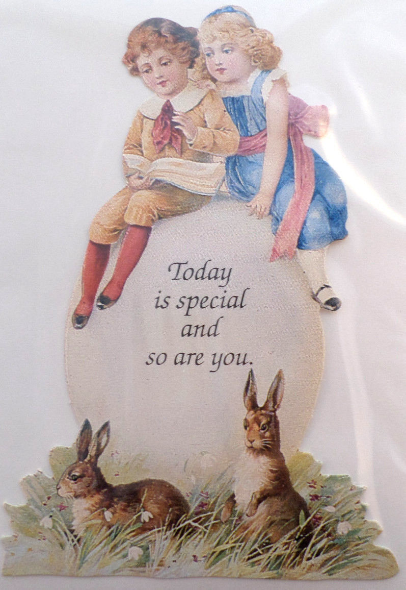 Victorian Turn Of The Century Easter Card Bunny Rabbitchildren & Egg #Mag105