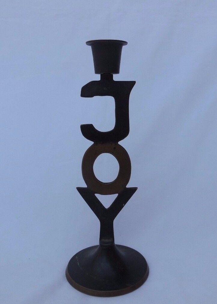 Vintage Handcrafted Brass \'JOY\' Carved Candle Holder Collectible