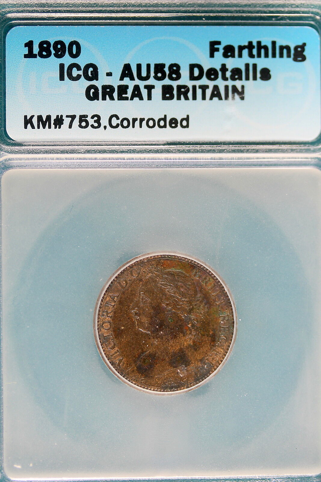 1890 ICG AU58 DETAILS Great Britain Farthing KM#753, Corroded #B6738