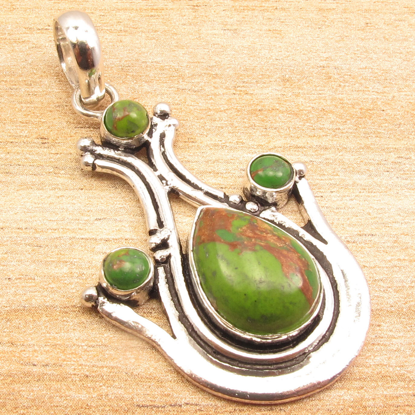 925 Silver Plated Authentic GREEN COPPER TURQUOISE Gem Modern Pendant 1 7/8 \