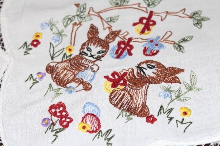 EASTER BUNNY DUO DECORATES EGG TREES VTG GERMAN TABLECLOTH WITH CUTWORK