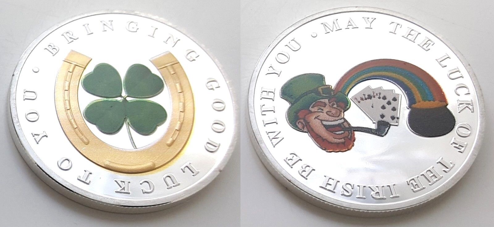 LUCKY Gold & Silver Coin Luck of the Irish Four Leaf Clover Horse Shoe Rainbow