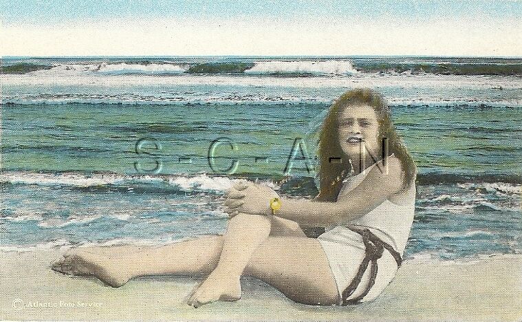 Original Vintage Semi Nude PC- Bathing Beauty- Trying to Hold the Waves Back