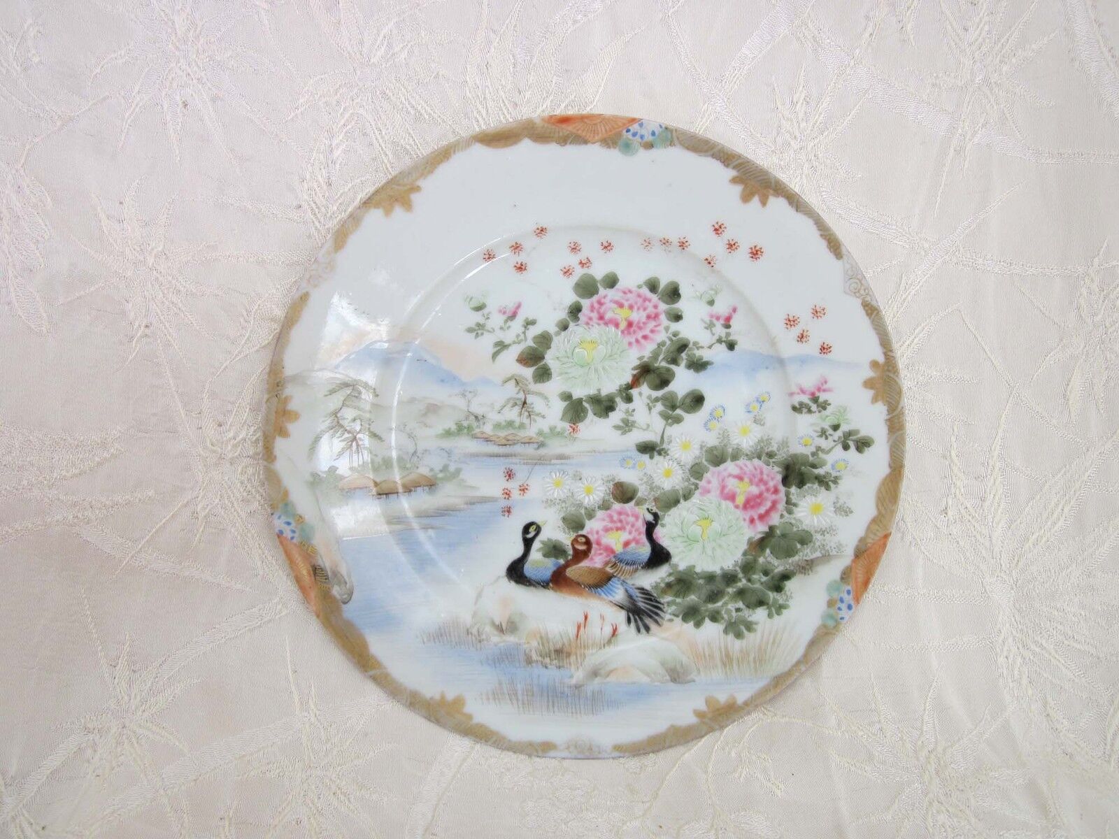 Antique Japanese Kutani Signed Hand Painted Porcelain Dish Ducks on Pond