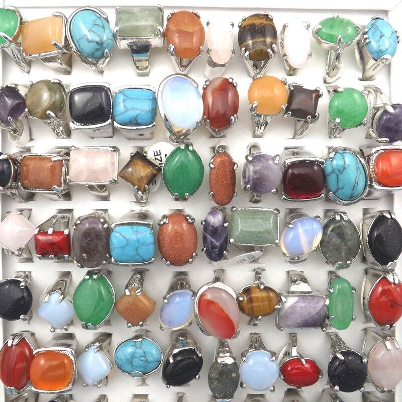 Natural Gemstone Rings 50pcs/lot Wholesale Men\'s Rings Mixed Size