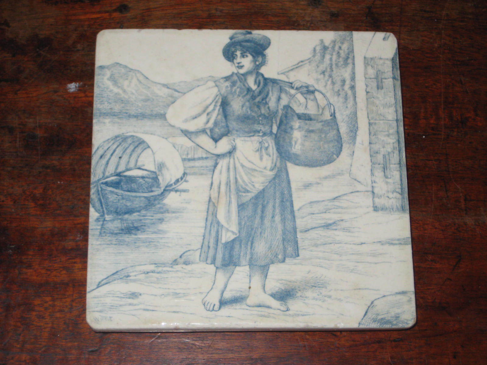 MINTON HOTPLATE TILE  WILLIAM WISE LADY BY LAKE 19TH CENTURY