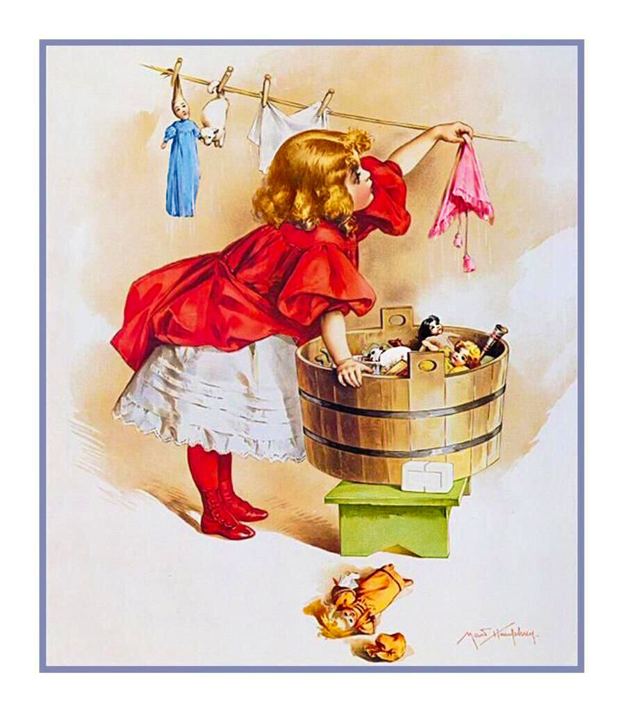 Maud Humphrey Bogart\'s Girl Washing her Dolls Clothes Counted Cross Stitch Chart
