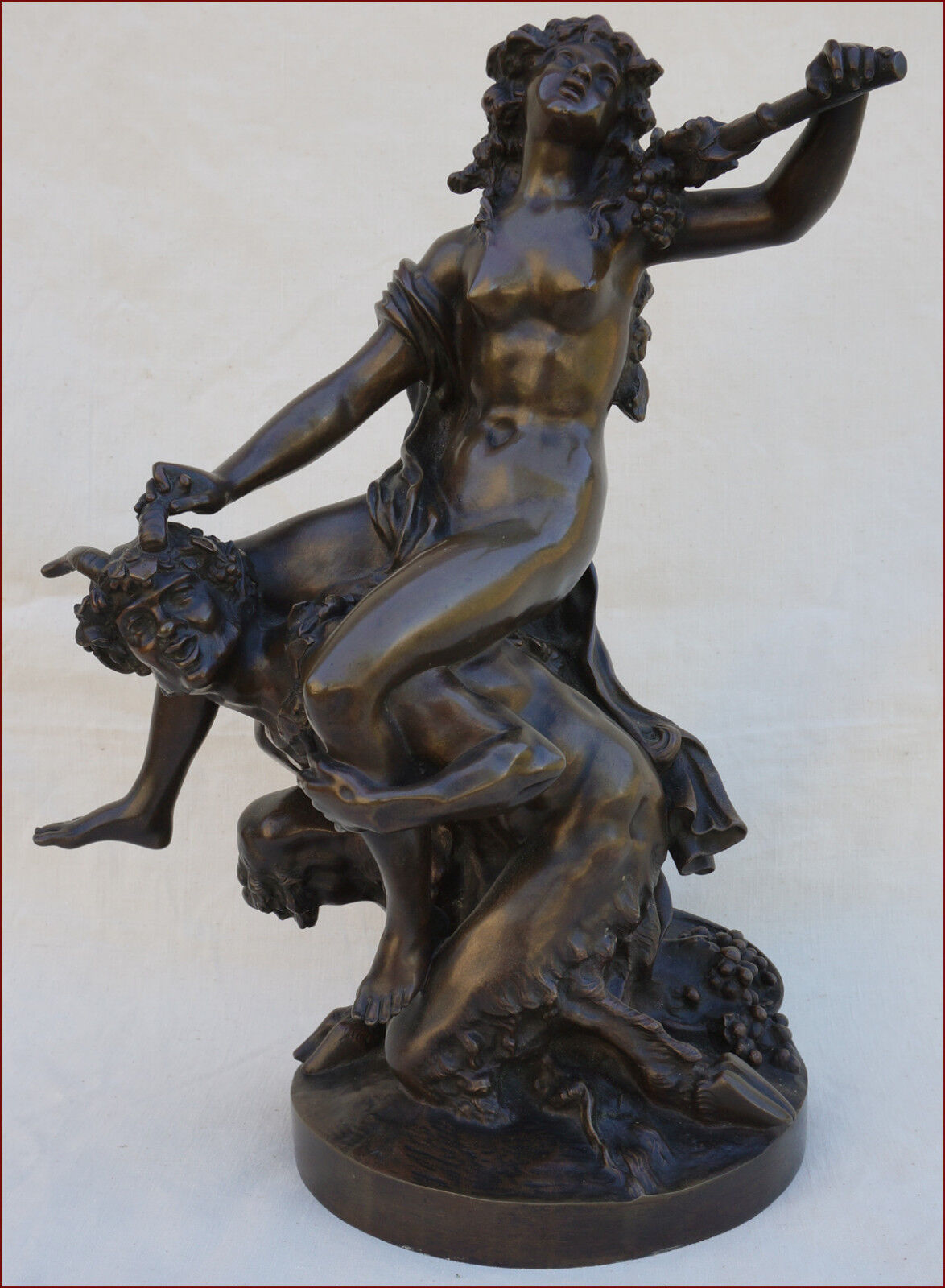 Antique French Bronze Statue Bacchanal Large Nymph and Satyr Clodion 18th C