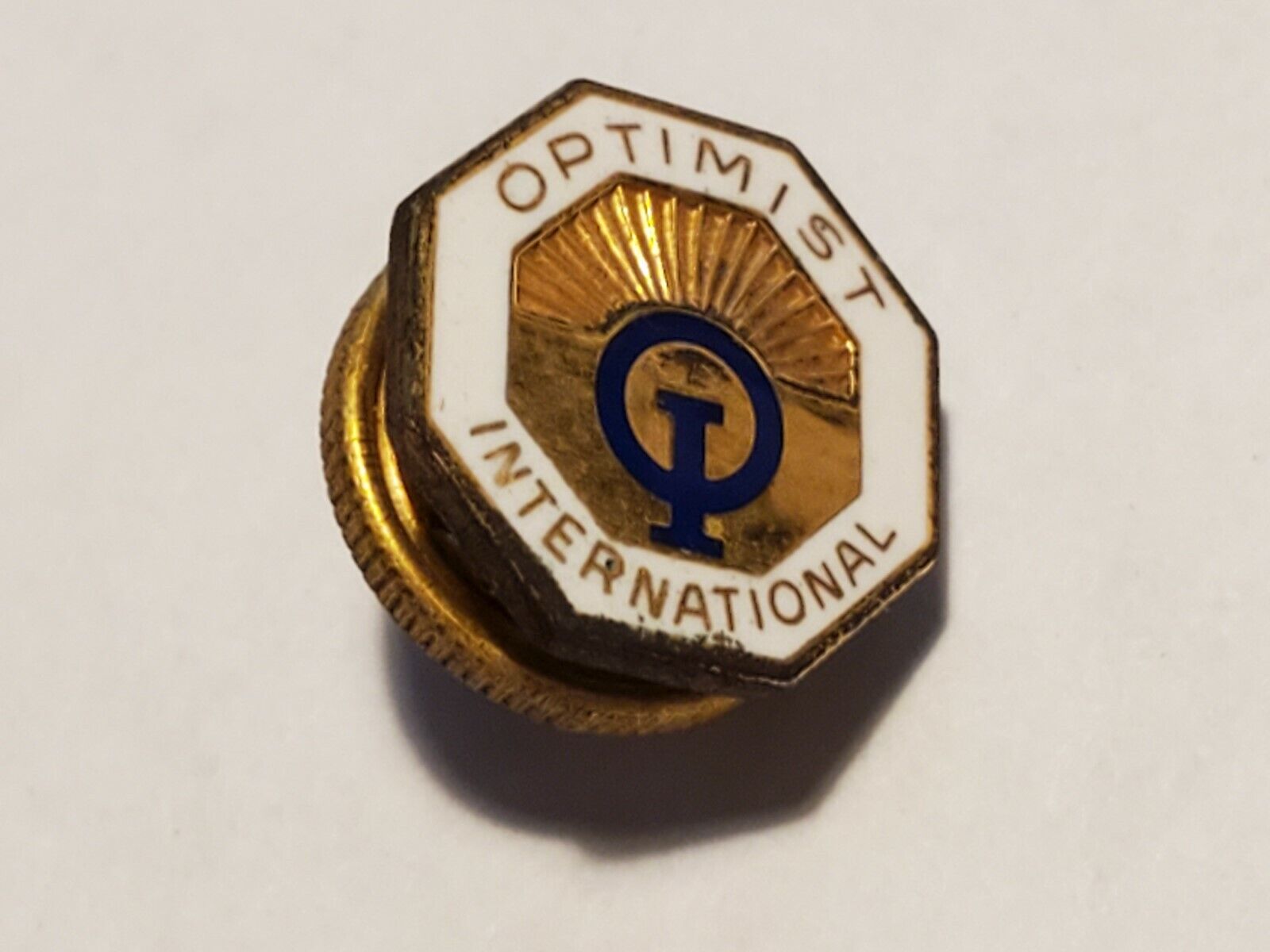 Vintage White Enamel Optimist International Pin Screw Back 10K Gold