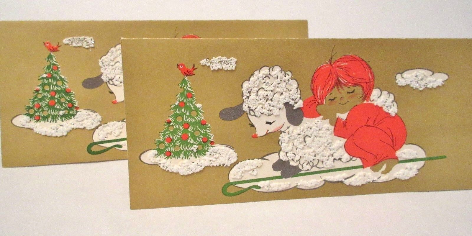 2 VINTAGE MID CENTURY CHILD LAMB UNUSED CHRISTMAS CARD SNOWY MICA ACCENTS 