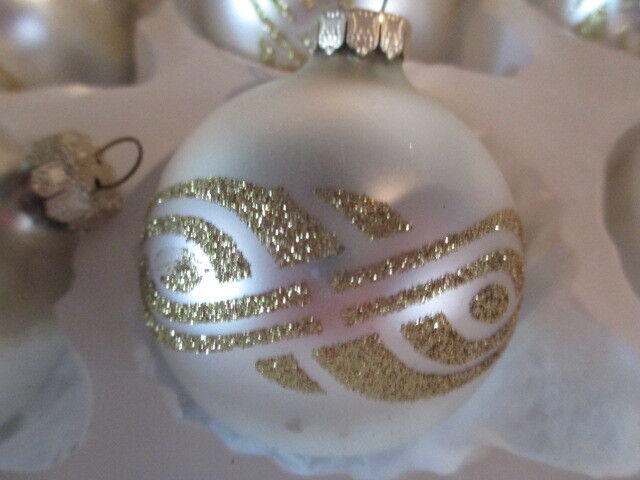 Martha Stewart Glass Ornaments, Set of 6 mint new white and gold