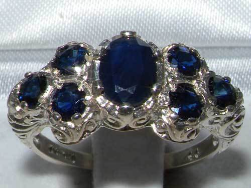 Solid English 925 Sterling Silver Ladies Large Natural Sapphire Art Nouveau Ring