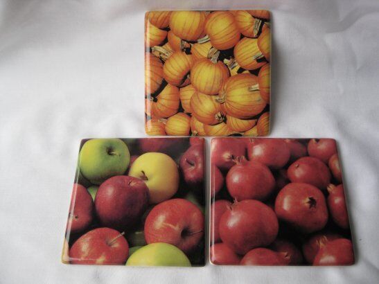 Starbucks Apples, Pumpkins, Pomegranates Ceramic Coasters w/Cork Base ~ 2007