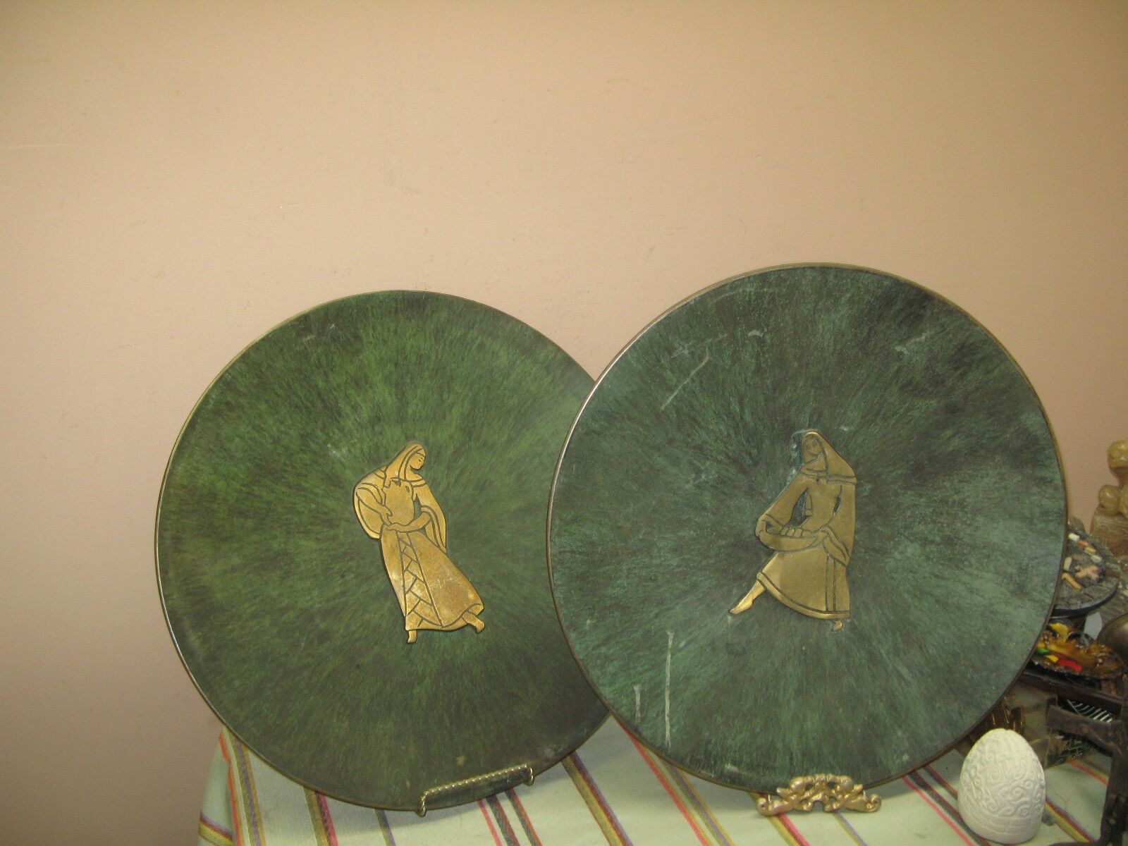 Pair @ 2 Vintage Judaica Copper & Verdigris plate with Brass Figures 15\
