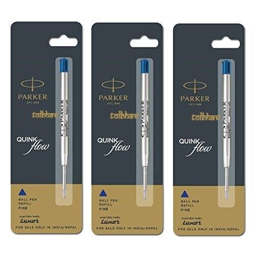 3 X Parker Quink Flow Ball Point Pen BP Refill Refills Fine Nib Blue Ink New
