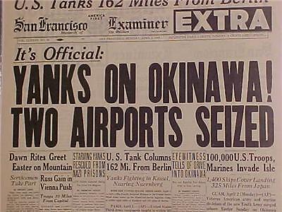 VINTAGE NEWSPAPER HEADLINE~WORLD WAR 2 US ARMY TROOPS INVADE OKINAWA ISLAND WWII