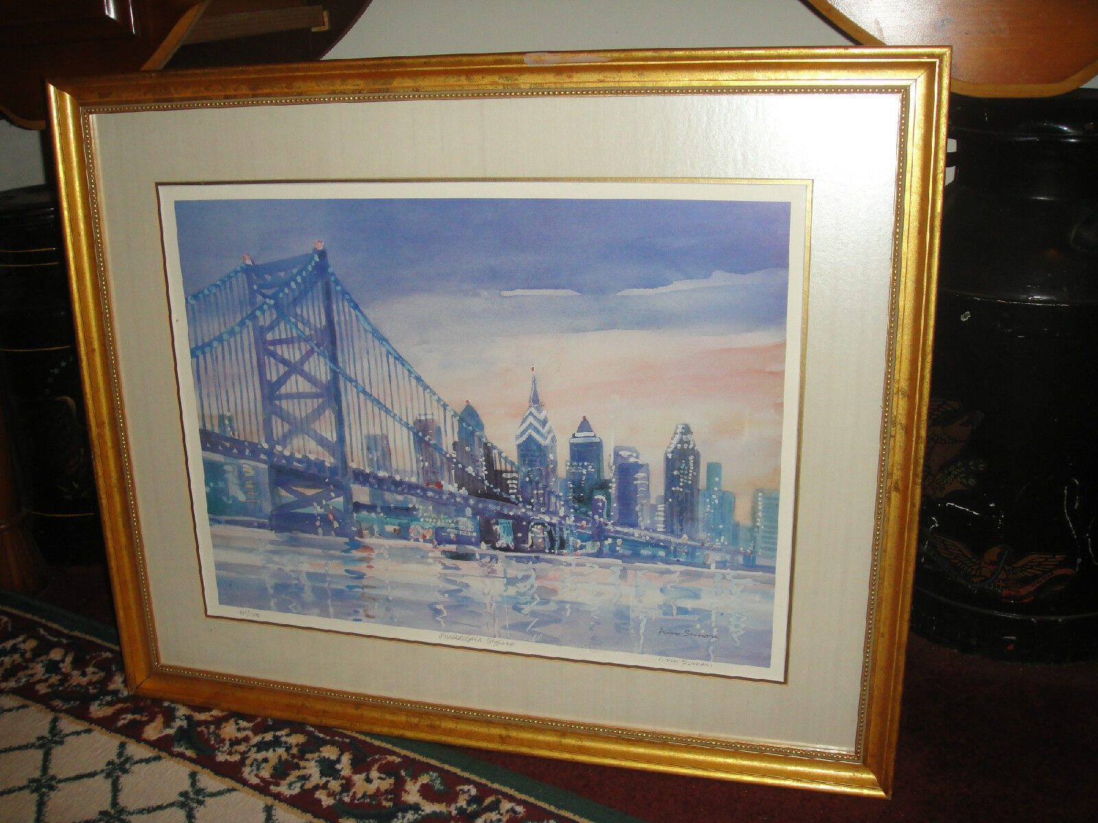 Superb Ann Simon Lithograph Print-Philadelphia Skyline-Signed-Large-Bridges-LQQK