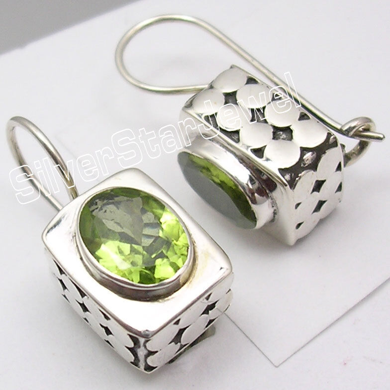 925 Sterling Silver OVAL PERIDOT Stunning BOX Earrings 2.1 CM Indian Jewelry NEW