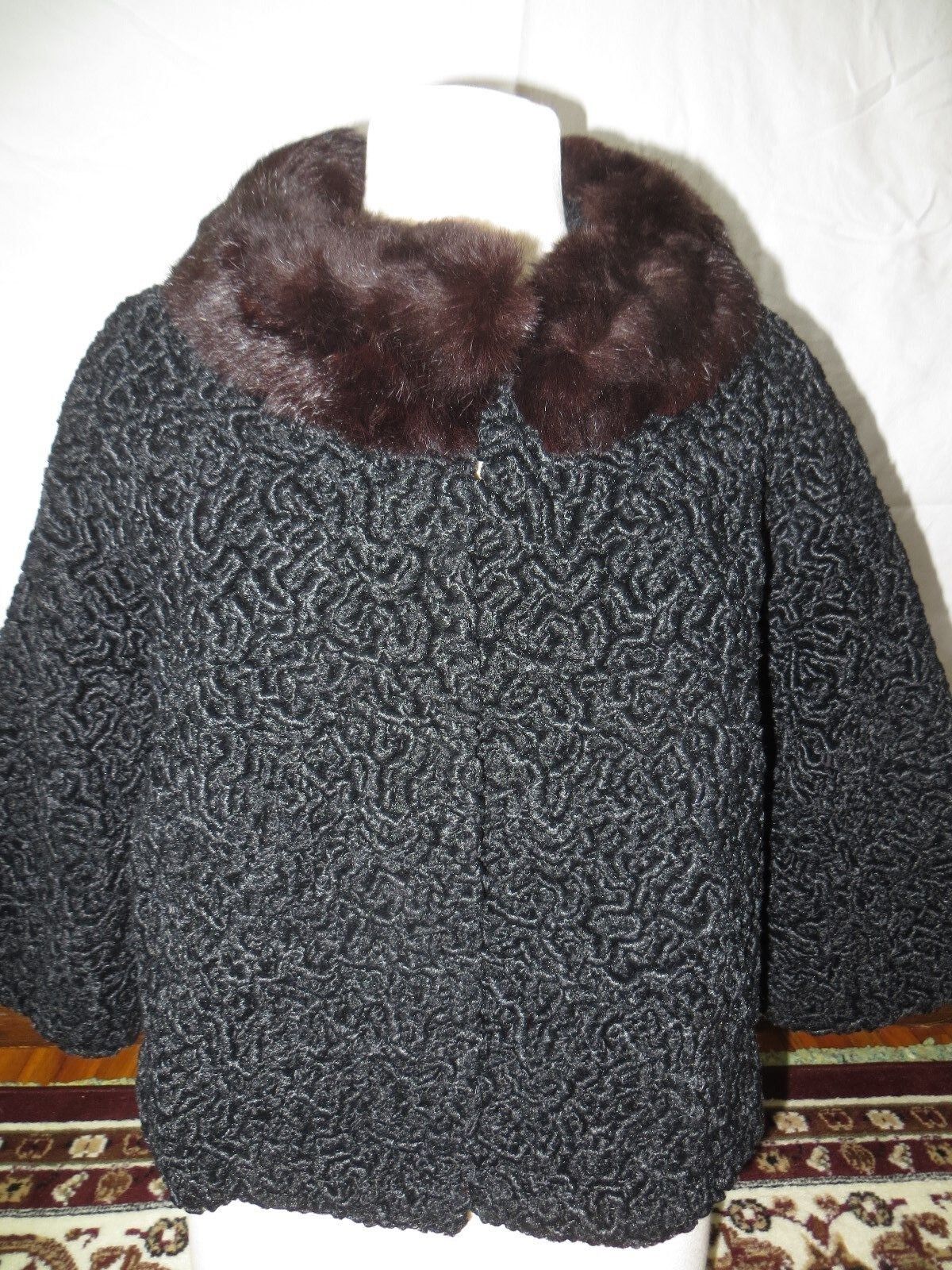 Women\'s Black Persian Lamb Fur Red Brown Large Mink Collar Jacket Coat Small EUC