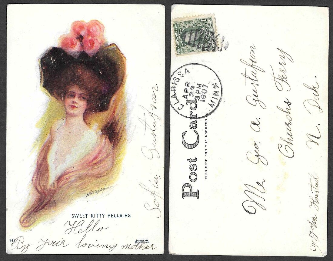Old Postcard - Artist Signed Pretty Lady - Sweet Kitty Bellairs