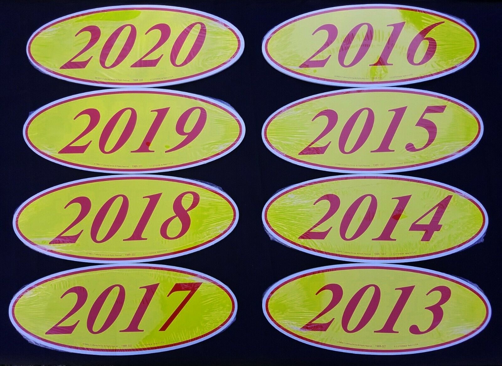 Car Dealer Windshield Oval Model Year Stickers (8 packs) Red and Yellow