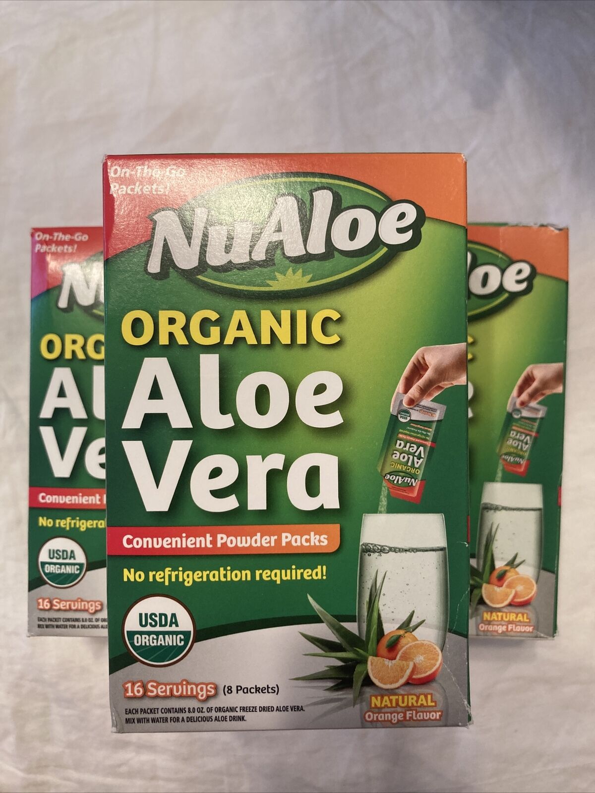 NuAloe Organic Aloe Vera Powder Packs Orange 8 packets 16 servings BB 9/21 (3PK)
