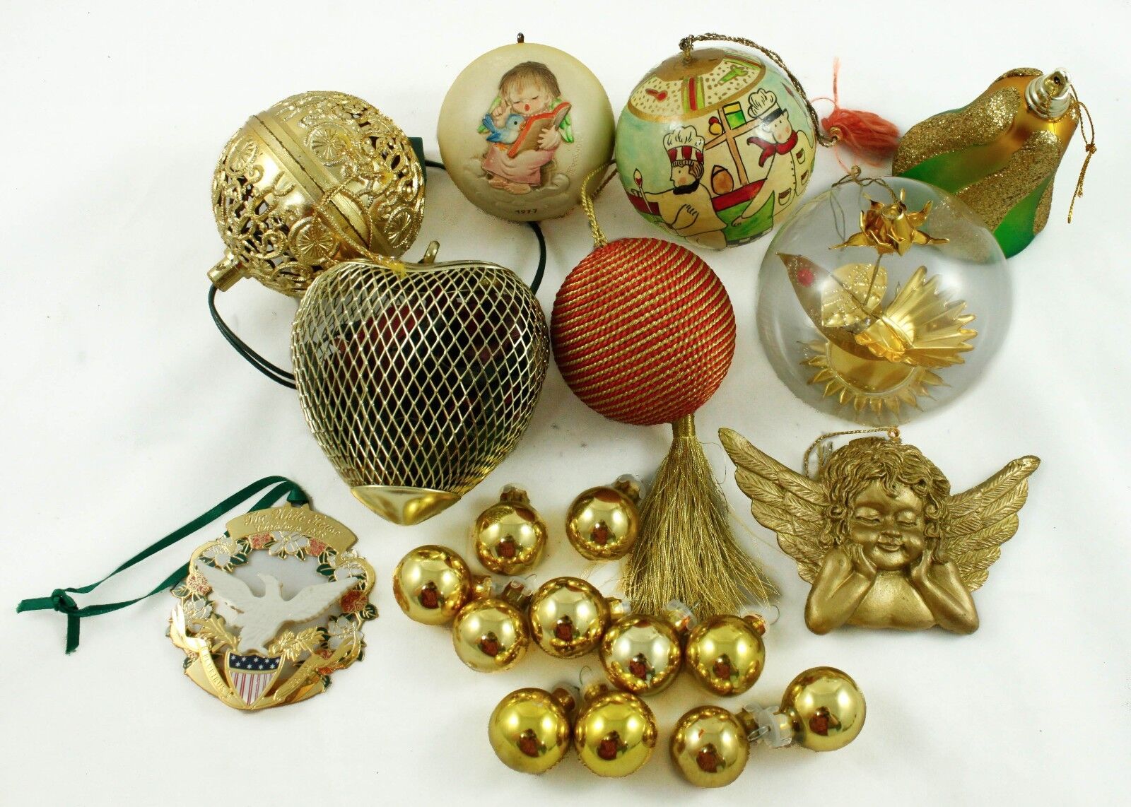 Vintage Gold Ball Metal Bell Heart Angel Holiday Christmas Tree Ornament Lot