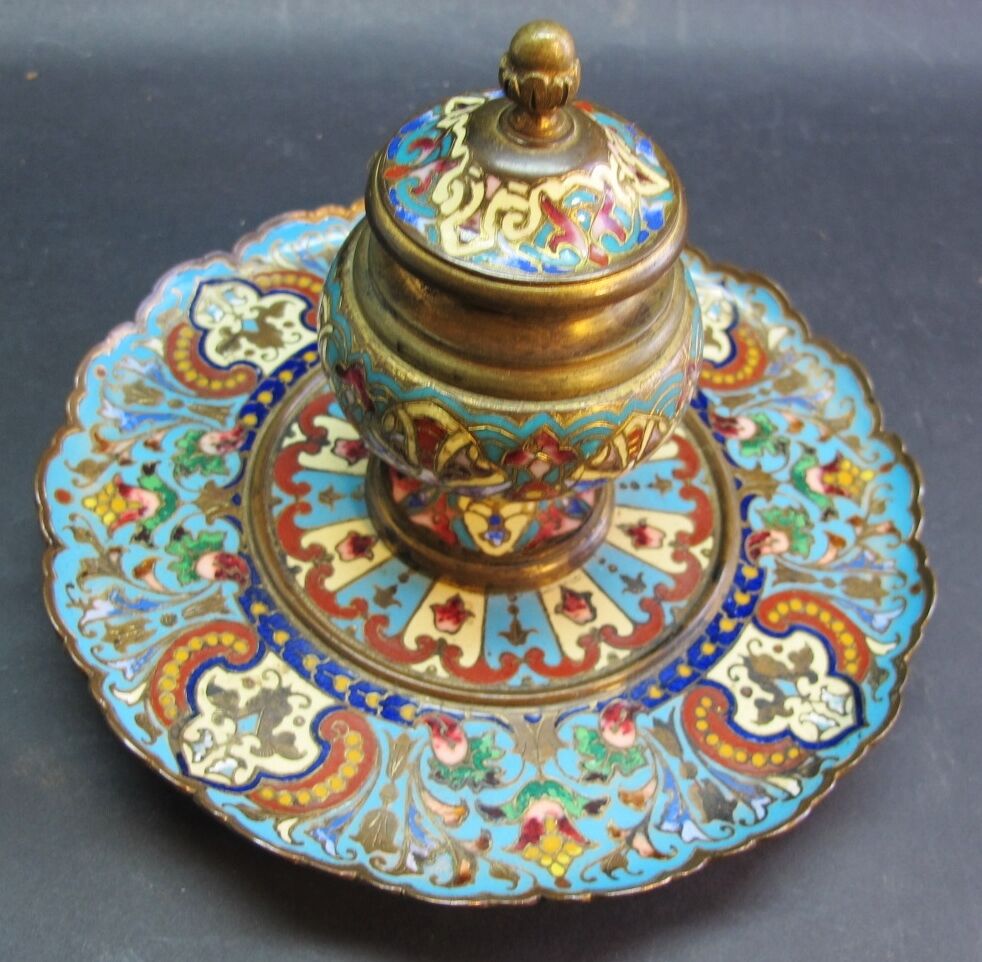 Superb 19th C. French Champleve Enamel Inkwell on Bronze c. 1870s