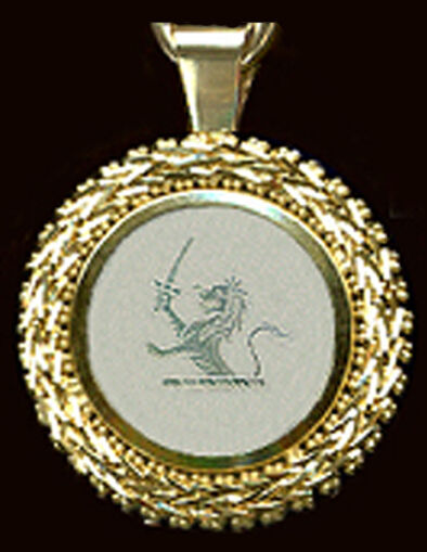 HEAVY 14k LION  CREST PENDANT on VF ANTIQUE CHINESE MOTHER O\'PEARL GAME COUNTER 
