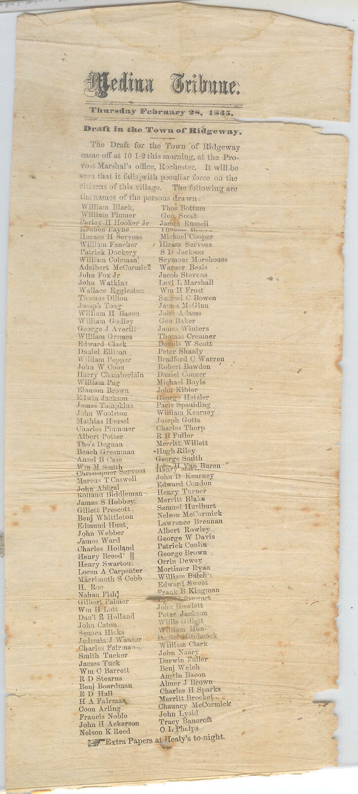 2 Mos Before CIVIL WAR\'s End Ridgeway NY List of 140 Men To Be DRAFTED BROADSIDE