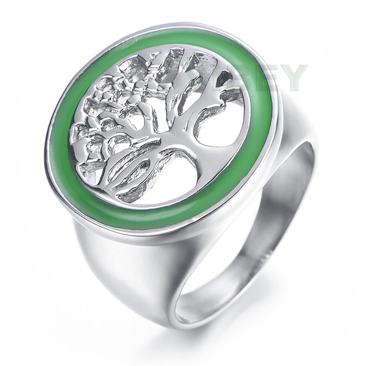 Stainless Steel Cast TREE OF LIFE Green Ring Awakening Root polished Silver Tone