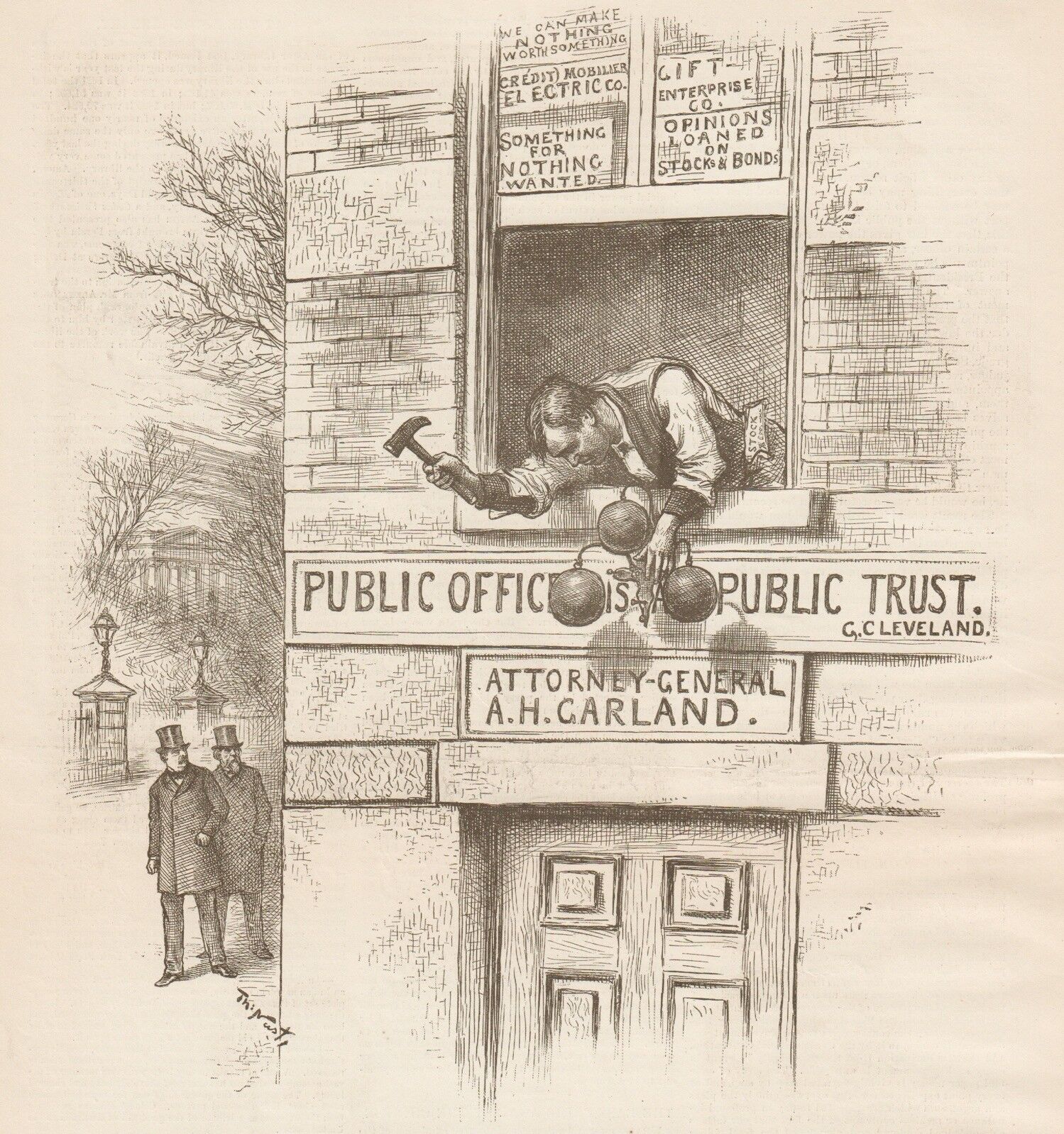 Thomas Nast. Cleveland And Garland Running A Pawn Shop? Engraving. 1884