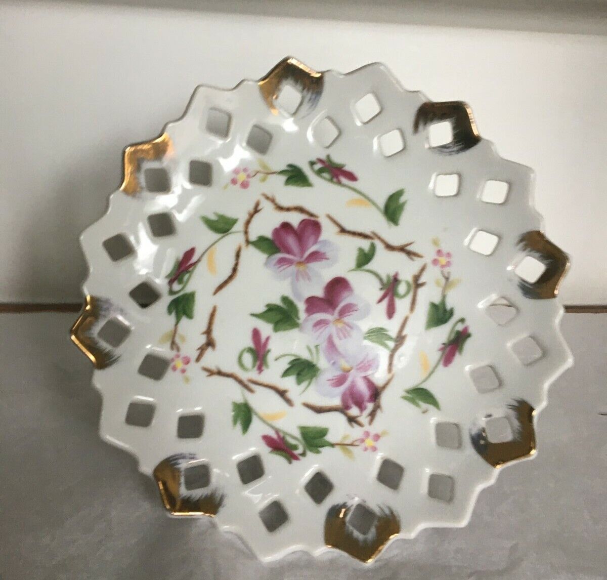 LOVELY LEFTON CHINA CANDY DISH ON PEDESTAL HAND PAINTED PANSIES 