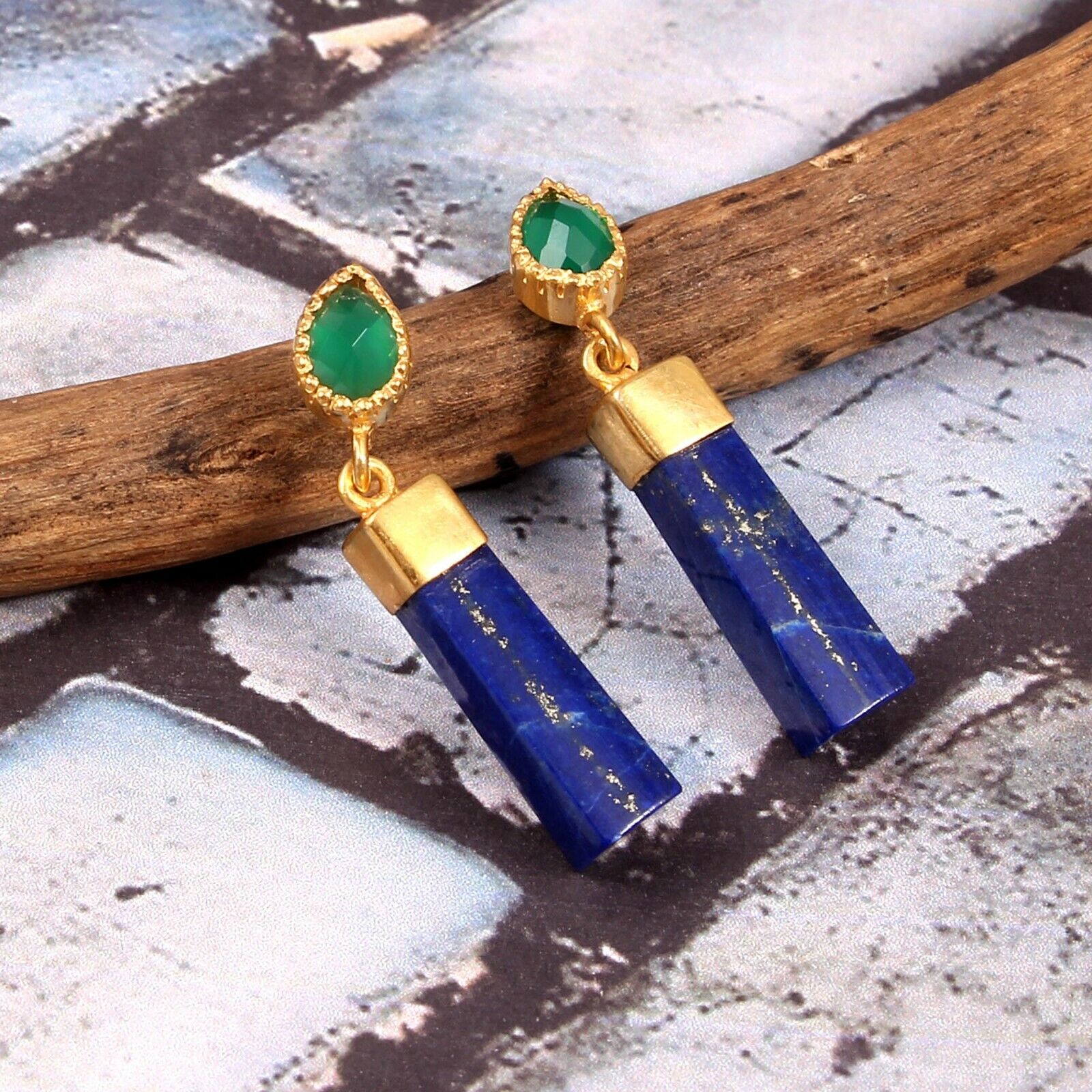 Lapis Lazuli And Green Onyx Solid Sterling Silver Gold Vermeil Studs Earring 