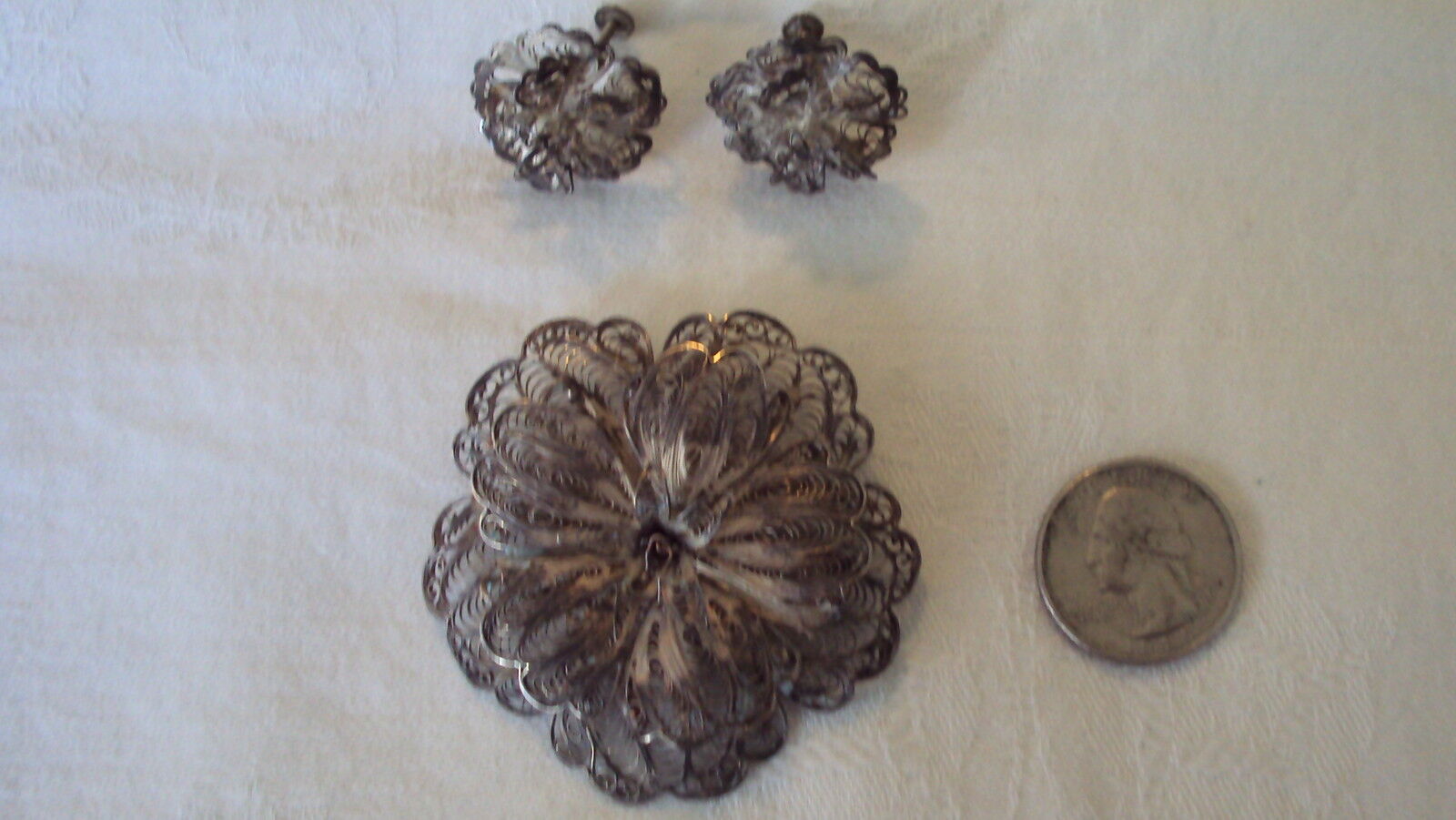 VINTAGE STERLING SPANISH LACE FILIGREE HAND MADE FLOWER LARGE PIN BROOCH Earring