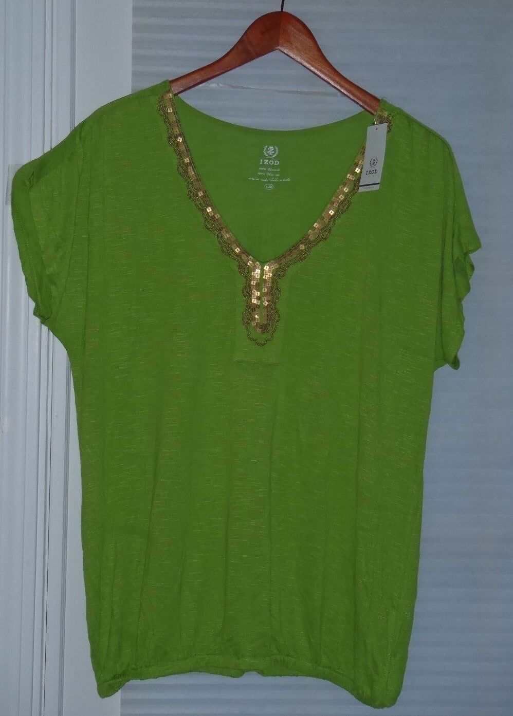 IZOD Shamrock Green Embellished V-Neck Short Sleeve  Tunic Shirt Top Size L NWT