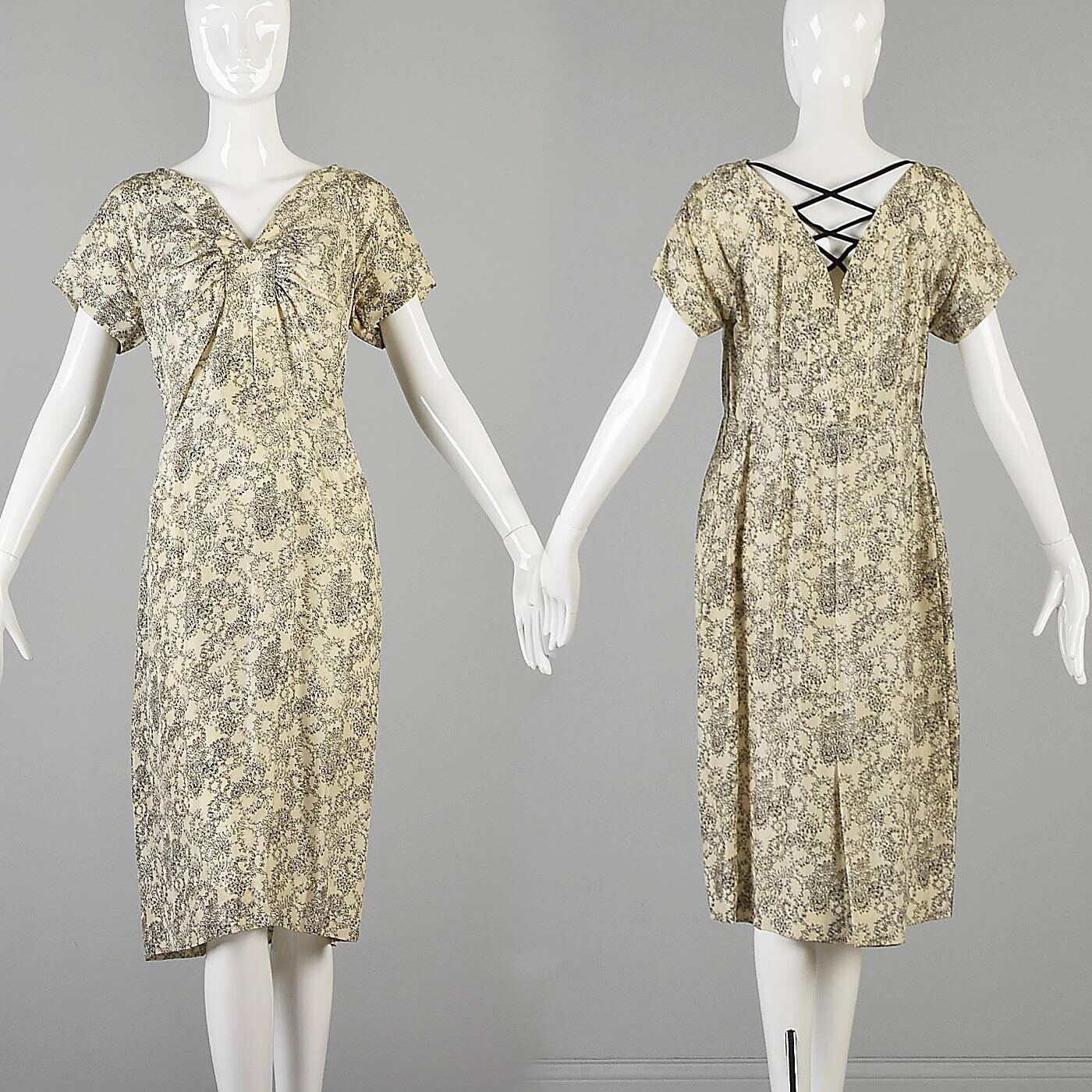 L Vintage 1940s 40s Silk Day Dress Casual Short Sleeve Velvet Lacing Back