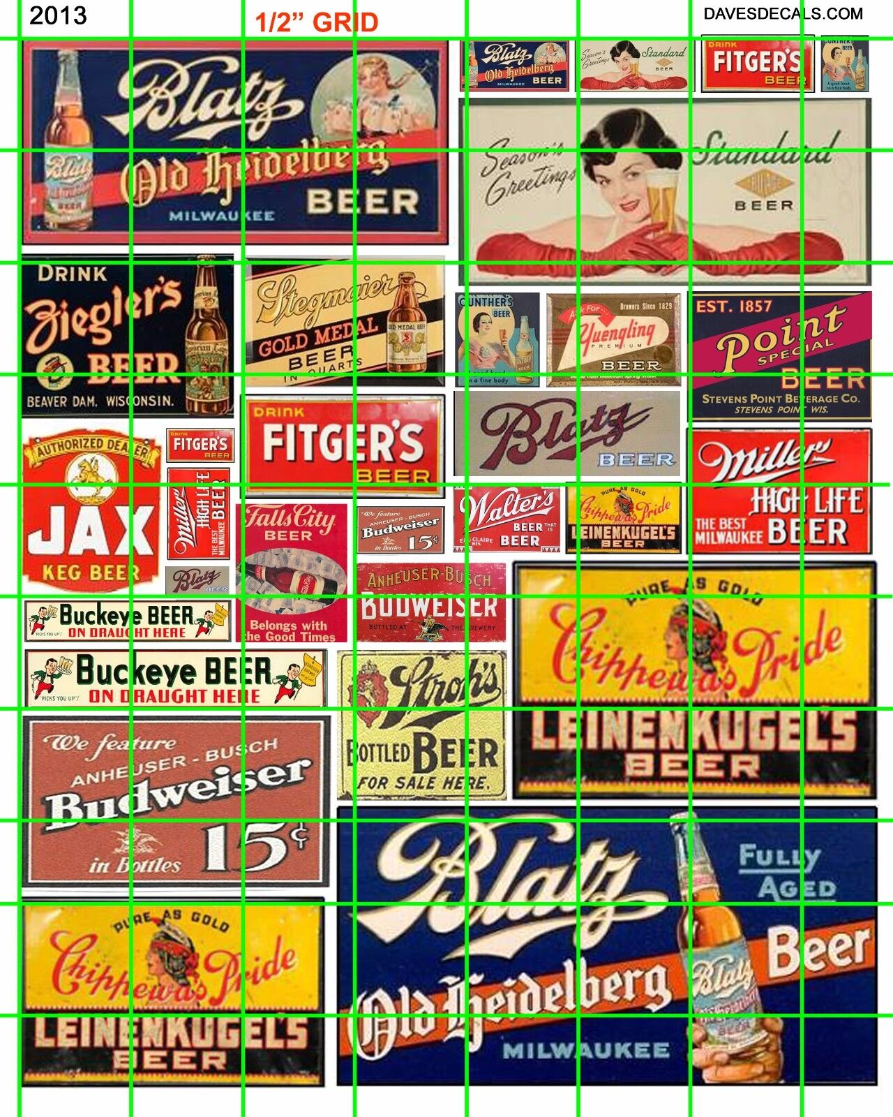 2013 DAVE\'S DECALS HO VINTAGE BEER SIGNS BLATZ JAX FITGERS POINT and MORE