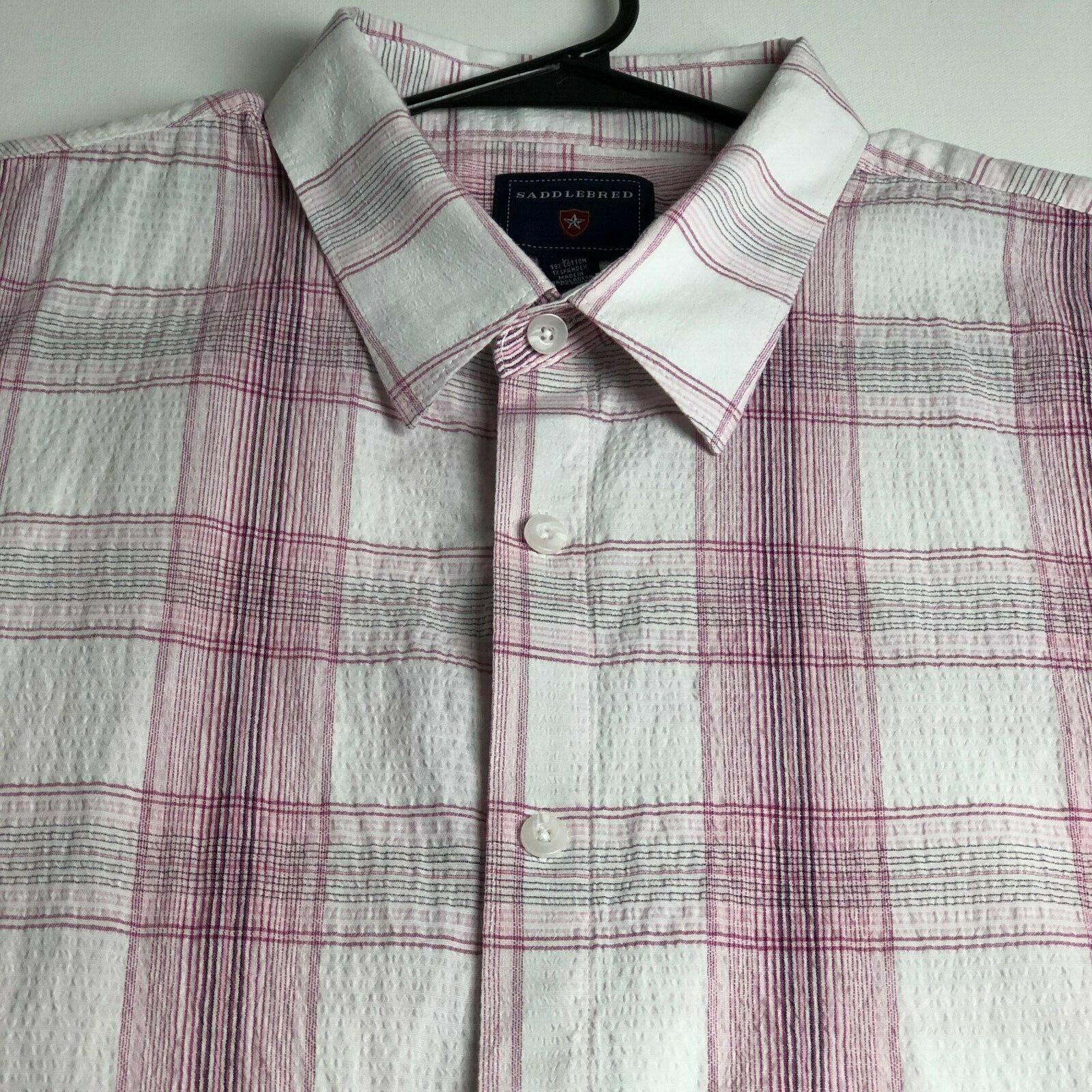Saddlebred Men’s Short Sleeve Button Up Shirt XXL Purple Pink Plaid Seersucker 