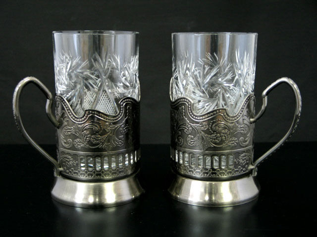 SET OF 2 RUSSIAN CRYSTAL TEA GLASS & METAL HOLDER PODSTAKANNIK COMBO  BRAND NEW 