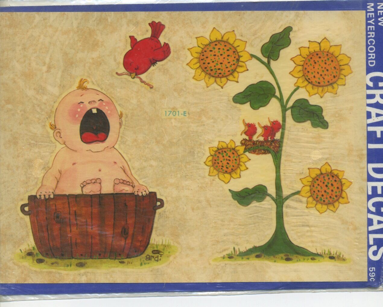 meyercord water decal vtg crying baby nursery folk art flower bird nursery
