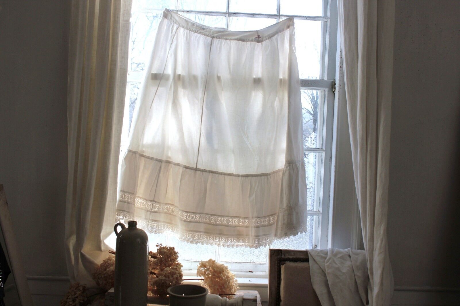 French Vintage petticoat slip white cotton c1900 crochet lace trim Large skirt
