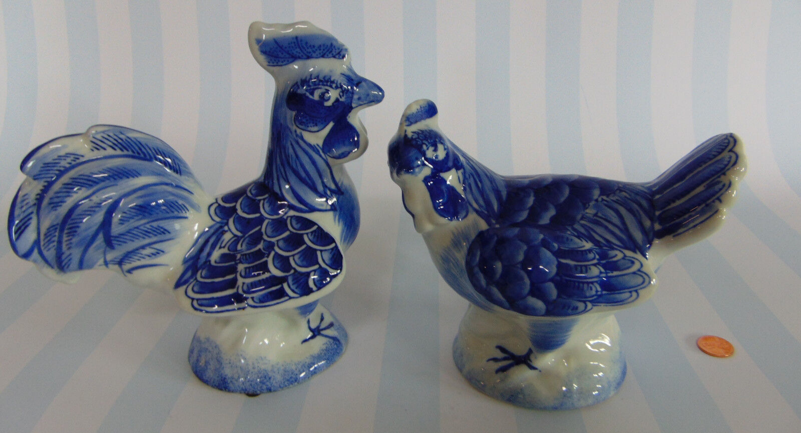 Vtg Porcelain Pair ROOSTER & HEN FIGURINES Blue White French Country Chickens