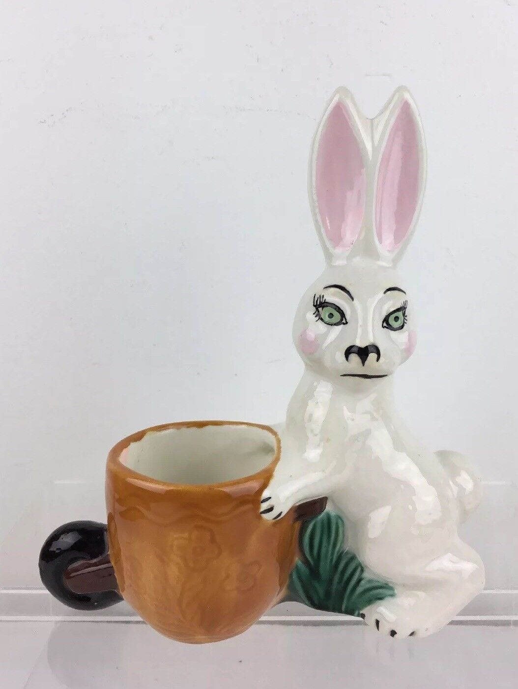 Vintage Handmade Pottery Ceramic Rabbit with Wheelbarrow Planter or Easter Candy