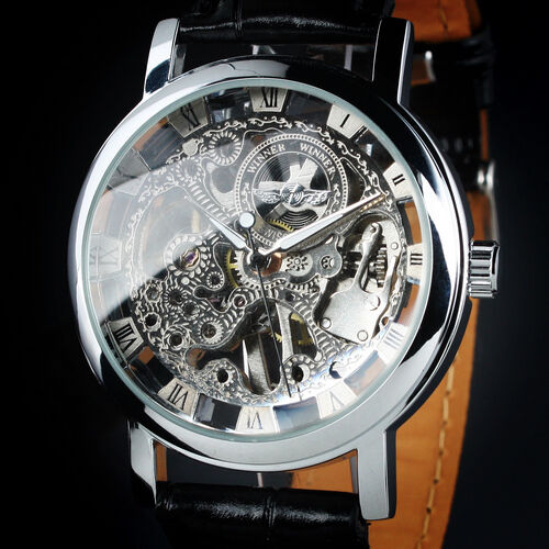 New Fashion Transparent Hand-Winding Silver Skeleton Mechanical Men\'s WristWatch